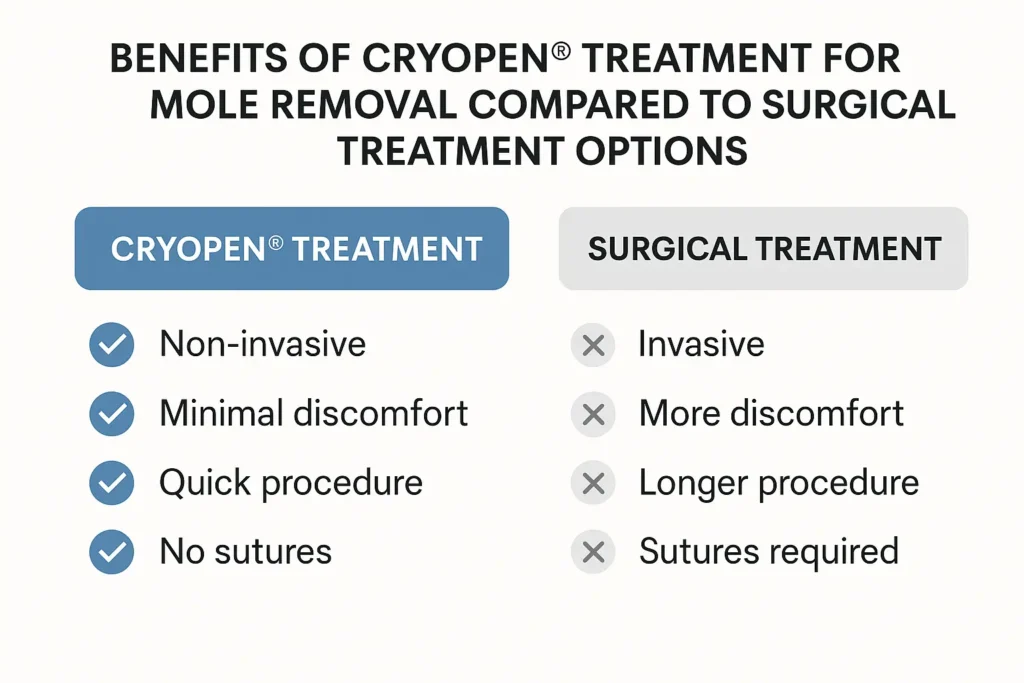 Table to show the benefits of getting moles removed Braintree from LA LIPO