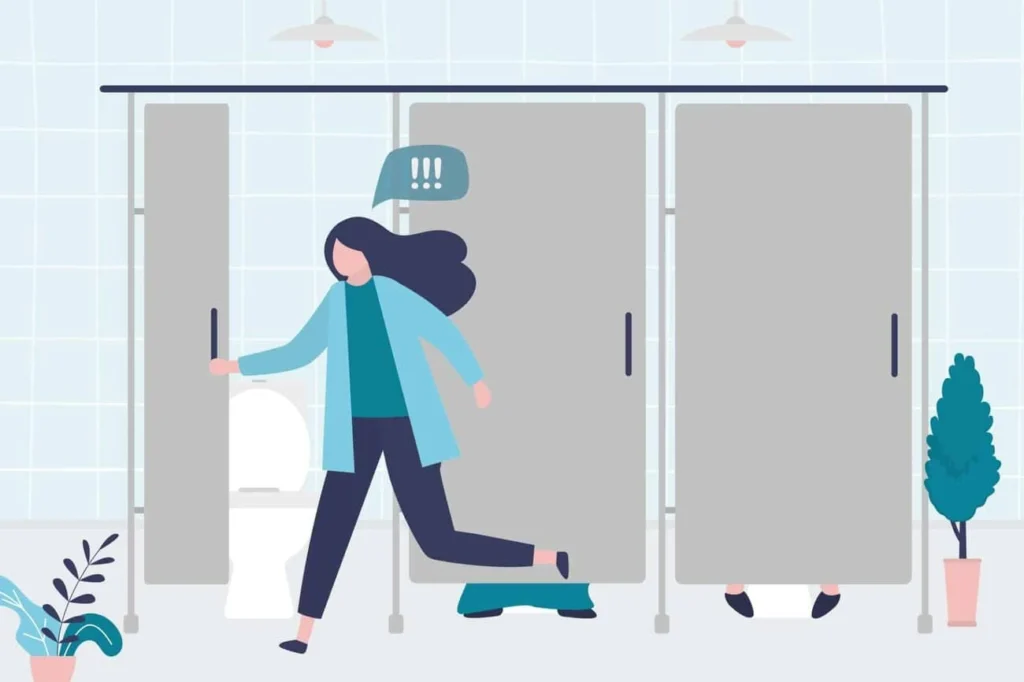 graphic of Urine incontinence Braintree woman running to the toilet.