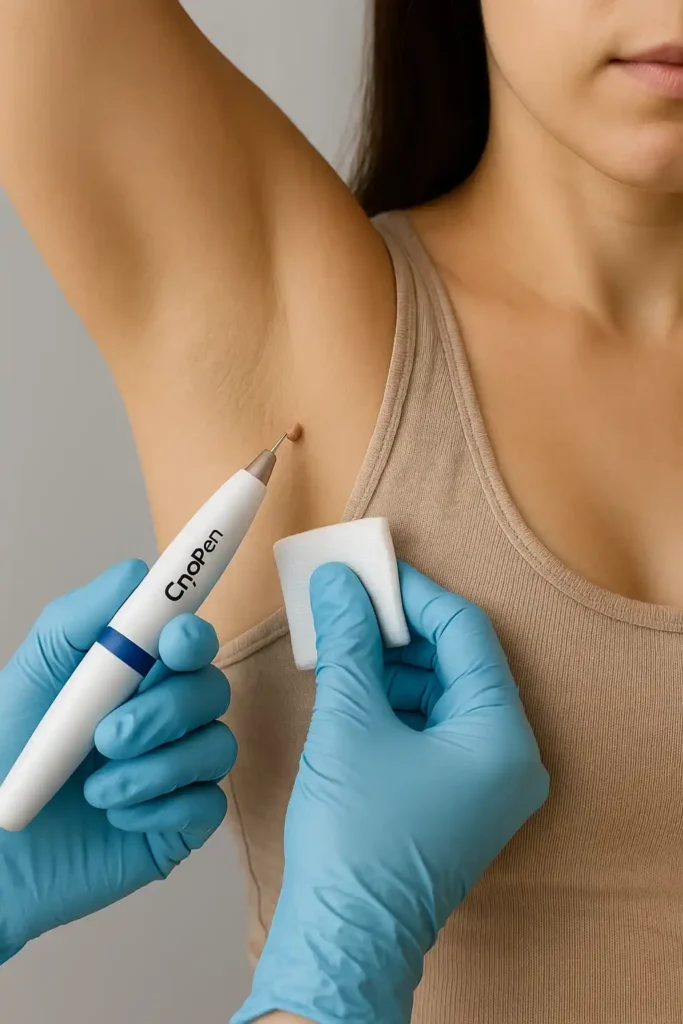 woman having cryopen to remove underarm skin tags Braintree