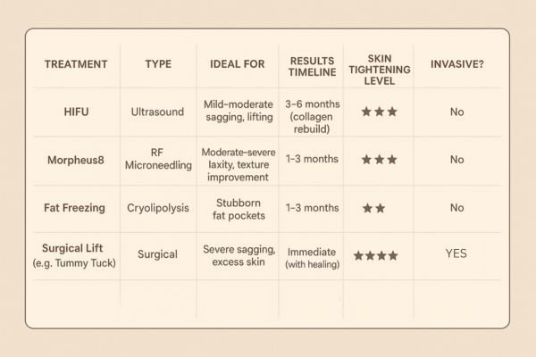 Table showing the comparisons of Skin tightening Braintree treatment options.